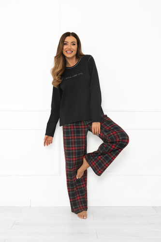Piżama damska Rozana Italian Fashion ciemny melanż 100% bawełna, długi rękaw , spodnie w kratę