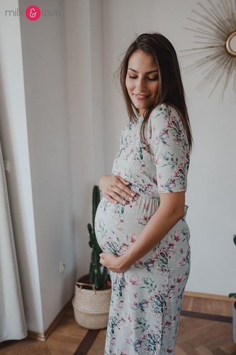 Two Ways LONG Sukienka do karmienia ciążowa krótki rękaw Milk&Love miętowa w magnolie i ptaki