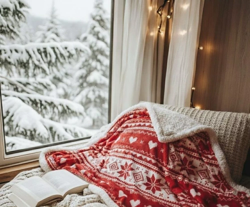 SACO Koc świąteczny 150x200 – czerwony, ciepły, miękki, z norweskim wzorem śnieżynek, w ozdobnym worku