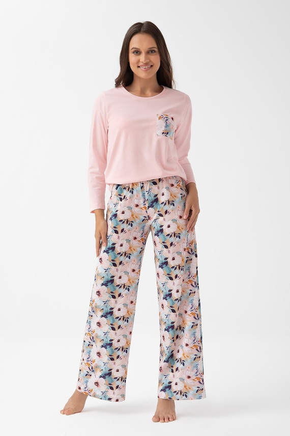 Damska piżama Luna 348 różowa – długi rękaw, bawełna, kwiatowe spodnie, lekkość i wygoda