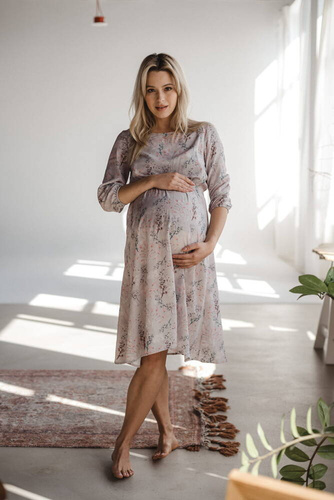 Sukienka ciążowa i do karmienia Lovely Dress Midi rękaw 3/4 Milk&Love gołębi szary w kwiaty