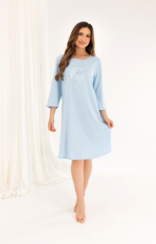 Bawełniana koszula nocna 167 – nadruk, rozkloszowany fason, rękaw 3/4- niebieska