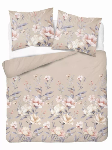 5636 A Detexpol Pastel Flowers beżowa w kwiaty morelowo-różowe– pościel flanelowa bawełniana, miękka i przytulna