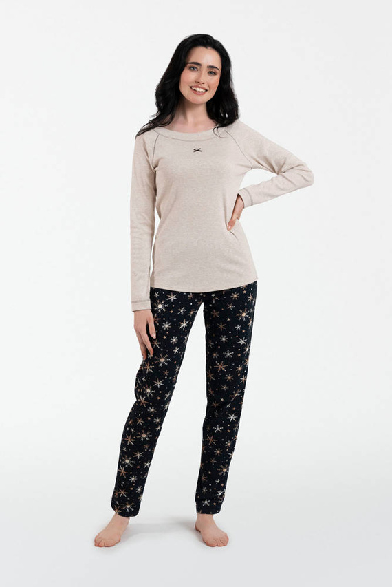 Piżama Damska długi rękaw, długie spodnie Denali Italian Fashion - beżowy melanż/druk