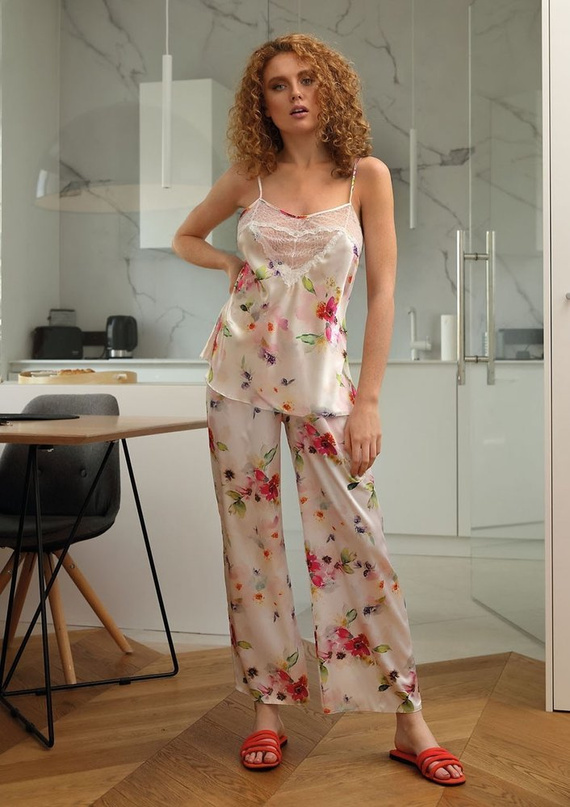 Piżama Damska Satynowa Flowers DKaren - DK-KC 10 biały