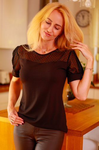 Ava Mirale – wiskozowa bluzka z tiulem w groszki i bufkami, polska jakość