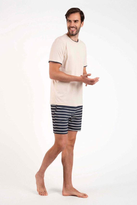 Piżama Męska krótki rękaw, spodenki Lars talian Fashion - beżowy/druk grafitowy