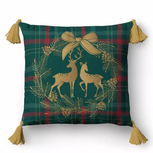 5380 A Christmas Deco Detexpol renifer w wieńcu na tle kratki– poszewka dekoracyjna świąteczna 45x45, Panama, zamek błyskawiczny