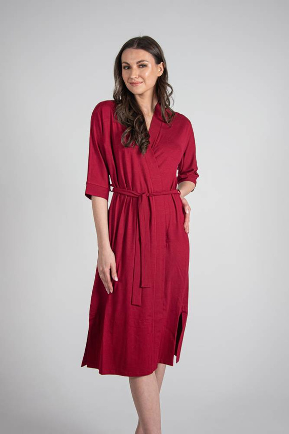 De Lafense Visa 942 – długi, lekki szlafrok damski z wiskozy, bordo