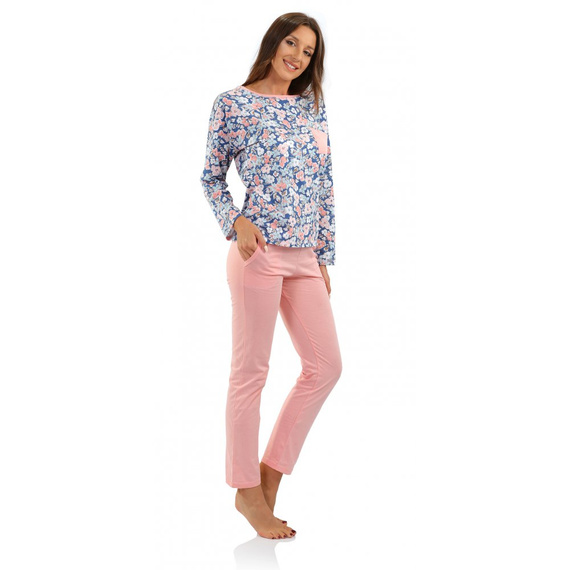 Piżama damska Karolina Long Sesto Senso morela kwiaty