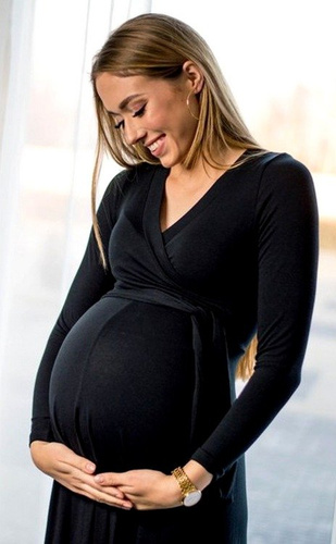 109 Wizytowa Sukienka z długim rękawem MIRACLE- granat w kwiaty 