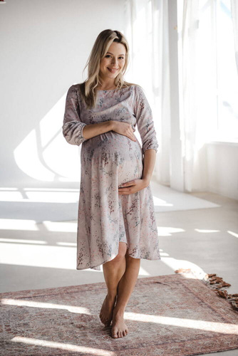 Sukienka ciążowa i do karmienia Lovely Dress Midi rękaw 3/4 Milk&Love gołębi szary w kwiaty