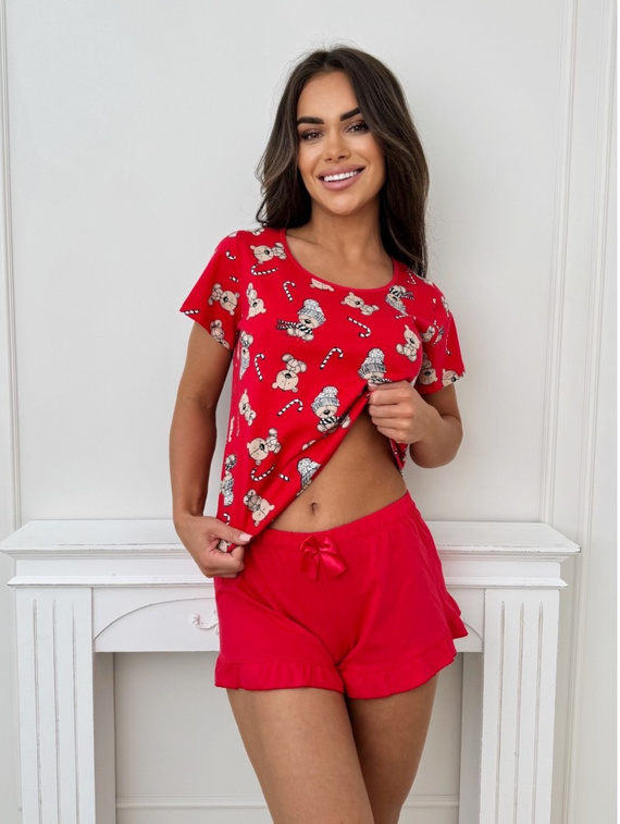 Bawełniana piżama damska Bear Short Donna – świąteczny nadruk, krótkie spodenki