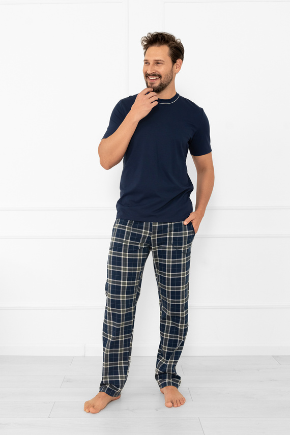 Piżama męska Andreas – klasyczny komplet z koszulką i spodniami w kratę Italian Fashion - granatowy/druk 