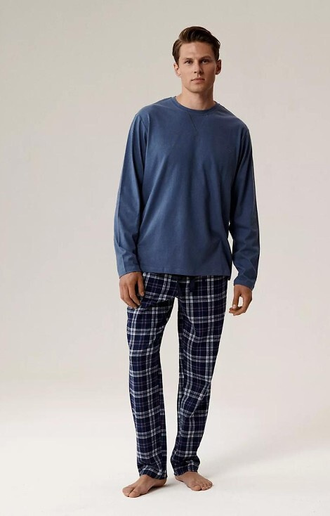 Piżama męska Atlantic NMP-393 niebieska – koszulka z długim rękawem i flanela