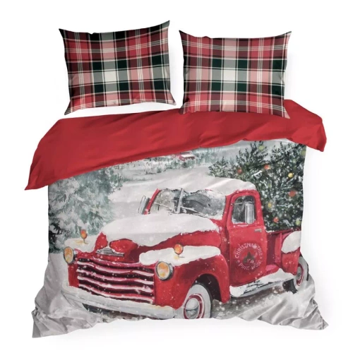 Eurofirany pościel świąteczna Vinti – czerwona kratka, bawełna 100%, motyw samochodu