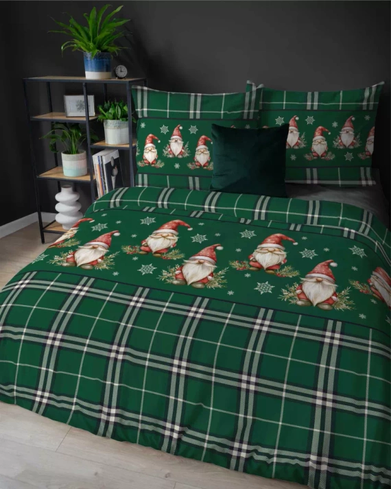 5622 B Magia Świąt Detexpol Pościel świąteczna flanelowa zielona w kratę ze skrzatami i śnieżynkami – bawełna 100%, certyfikat OEKO-TEX®