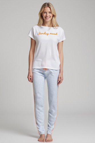 Dana Sorbetto niebieska  – bawełniana piżama damska z haftem i spodniami w kratkę