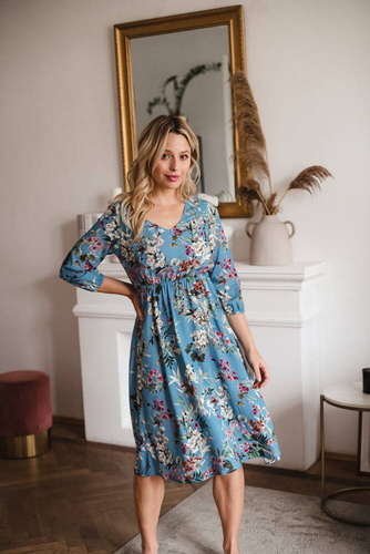 Sukienka ciążowa i do karmienia Lovely Dress Midi rękaw 3/4 Milk&Love błękitna w kwiaty