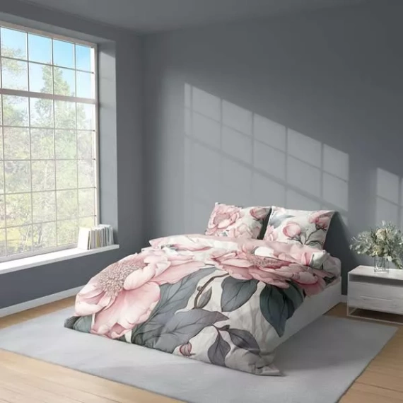 Pościel 3D z mikrofibry 5428 A Detexpol – z różowymi piwoniami i szarymi liśćmi