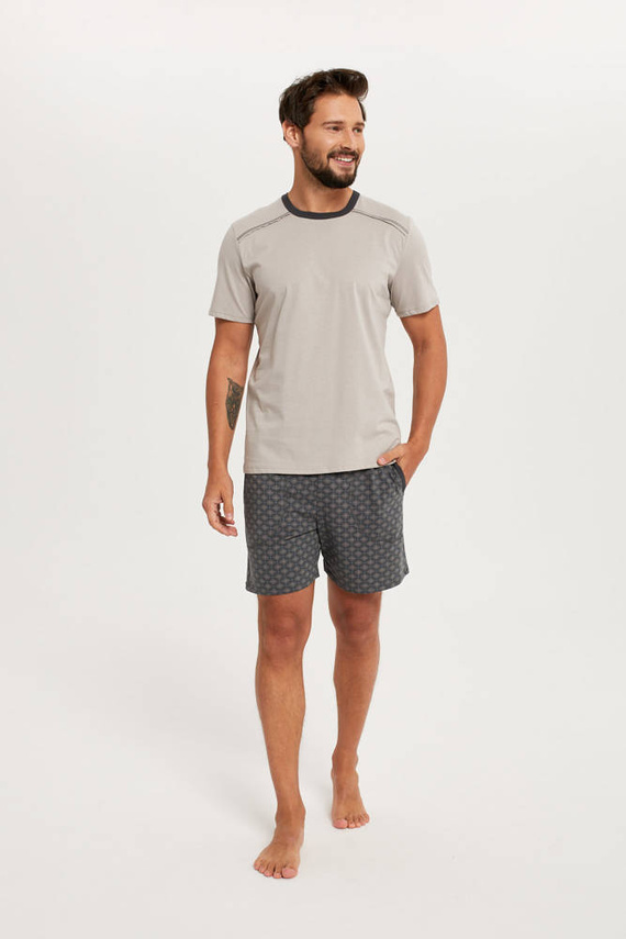 Piżama Męska krótki rękaw, spodenki Abel Italian Fashion - beżowy/druk