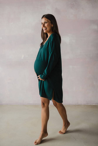 Bambusowa koszula nocna ciążowa i do karmienia długi rękaw Moon Milk&Love butelkowa zieleń