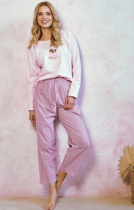 Damska piżama Elisa 3434 Taro – bawełna, długi rękaw, spodnie w kratkę