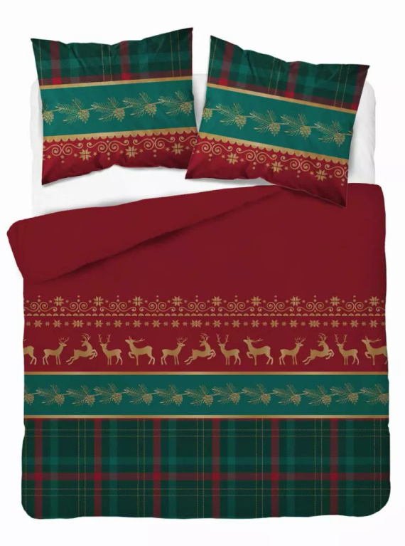 5620 B Magia Świąt Detexpol Pościel świąteczna flanelowa czerwona z reniferami i kratą– bawełna 100%, certyfikat OEKO-TEX®