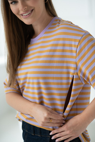T-shirt do karmienia i ciąży Mamahood oversize z krytymi zamkami OEKO-TEX Milk&Love miodowo-liliowe paski