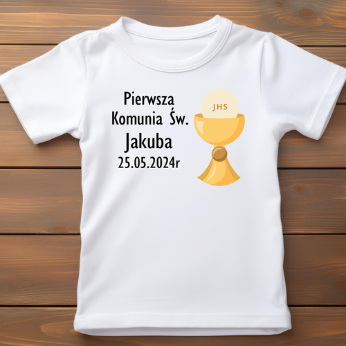 Koszulka dziecięca "Pierwsza Komunia Św. z imieniem oraz datą"  Moocha biały 