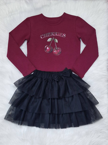 Bambarillo Cherries bordowy bluzka dziewczęca – długi rękaw, bawełna z elastanem