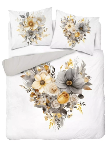 Detexpol Holland 5125 A pościel bawełniana biała z sercem z kwiatów beżowo-szarych- dwustronna, naturalna, 100% bawełna