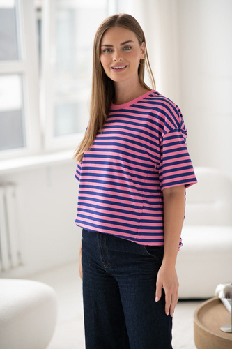 T-shirt do karmienia i ciąży Mamahood oversize z krytymi zamkami OEKO-TEX Milk&Love różowo-niebieskie paski 