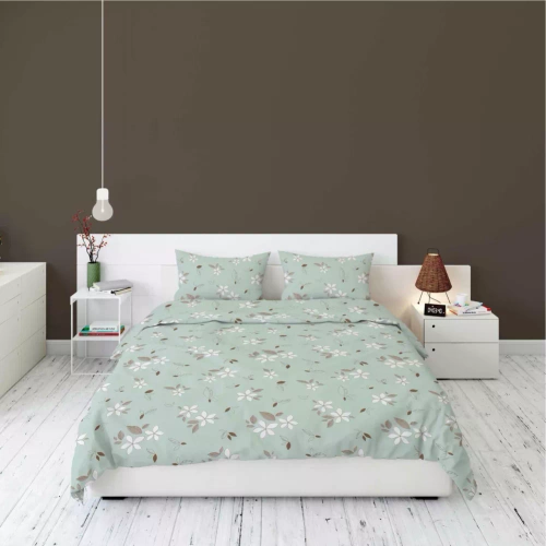 5632 B Detexpol Pastel Flowers miętowa w białe kwiaty i liście– pościel flanelowa bawełniana, miękka i przytulna