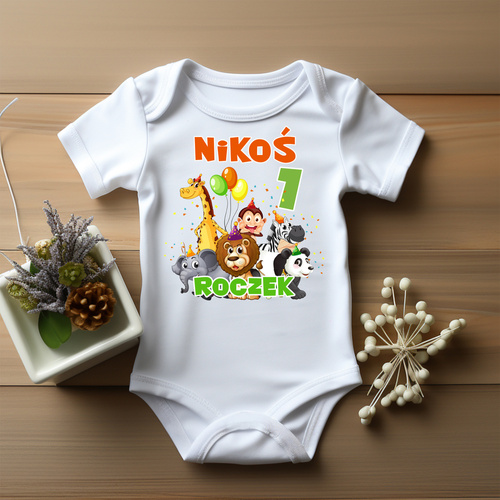 Body krótki rękaw na roczek "Roczek urodziny z imieniem Safari" Moocha biały