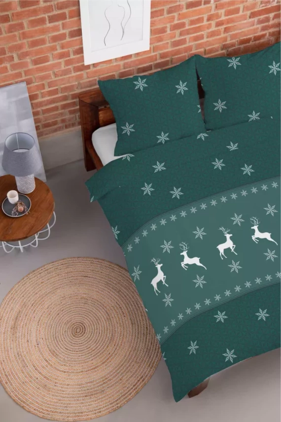 5621 B Magia Świąt Detexpol Pościel świąteczna flanelowa zzielona w renifery i śnieżynki– bawełna 100%, certyfikat OEKO-TEX®