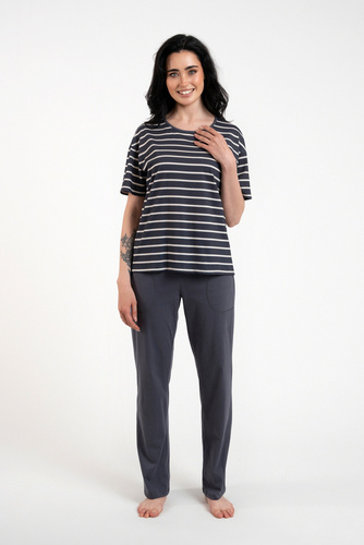 Piżama Damska krótki rękaw, długie spodnie Betty Italian Fashion - druk grafitowy/grafitowy