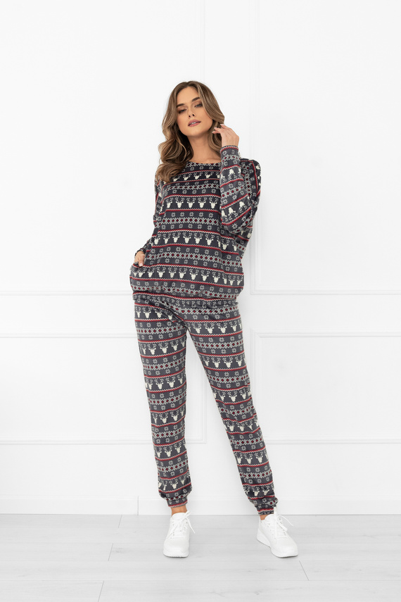 Komplet damski Navara – ciepły homewear polarowy z zimowym motywem Italian Fashion - grafitowy
