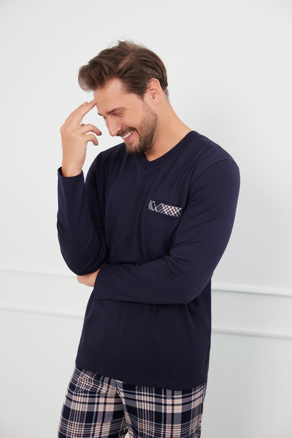 Piżama Męska długi rękaw, długie spodnie Edwin talian Fashion - granatowy/druk