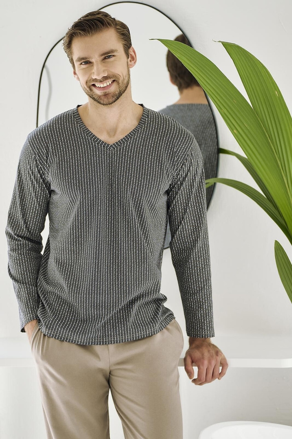 Luca 3481 – piżama męska z bawełny, grafit, długi rękaw