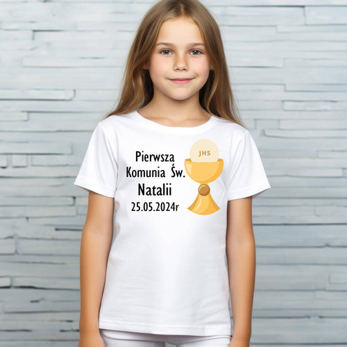 Koszulka dziecięca "Pierwsza Komunia Św. z imieniem oraz datą"  Moocha biały 