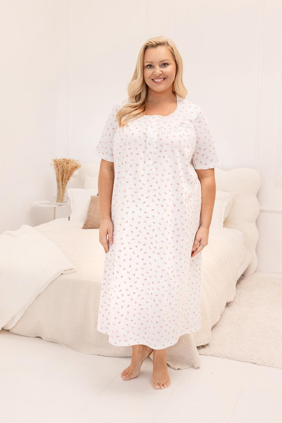 Koszula nocna 019 Regina różowa – bawełniana, zapinana na guziki, z delikatnym marszczeniem i krótkim rękawem