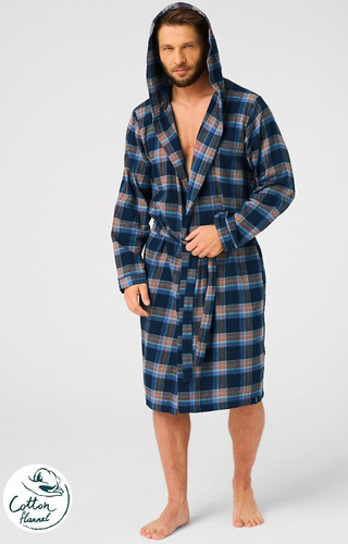 Key MGL 431 szlafrok męski jeans  – kratka, miękka dzianina soft, kołnierz