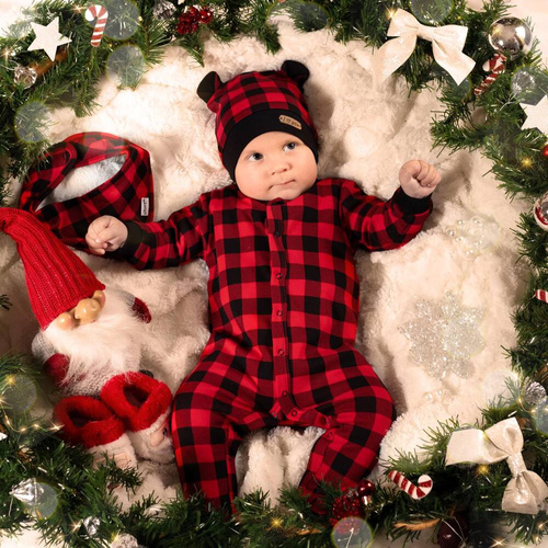 163517 Magia Świąt Pajacyk niemowlęcy Nicol - kratka: czarny, czerwony