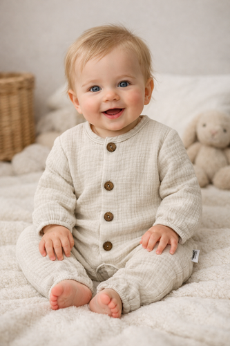 Pajac muślinowy Just Muslin Makoma beige– naturalny komfort, 5 kolorów