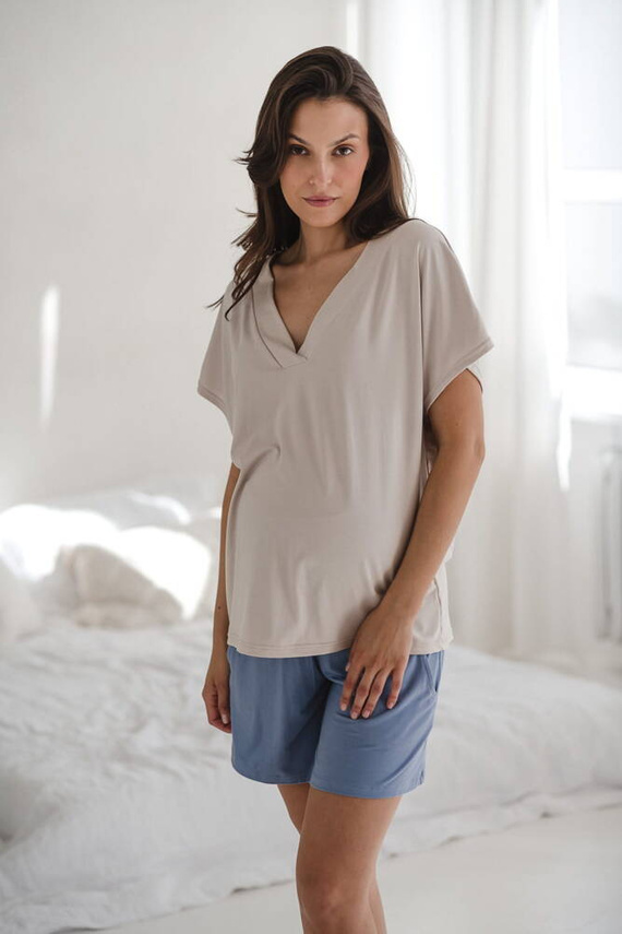 Bambusowe spodnie od piżamy ciążowej krótkie Moon Milk&Love ciemny błękit