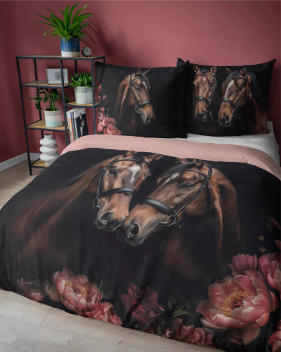 Pościel bawełniana konie kwiaty 5295 A Holland Detexpol czarny 
