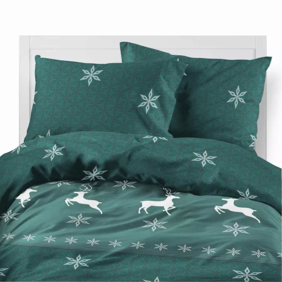 5621 B Magia Świąt Detexpol Pościel świąteczna flanelowa zzielona w renifery i śnieżynki– bawełna 100%, certyfikat OEKO-TEX®