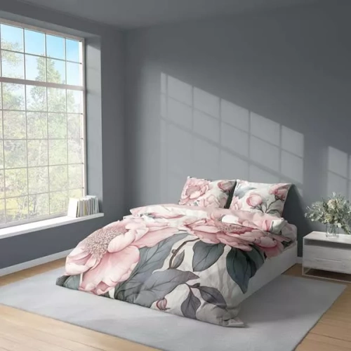 Pościel 3D z mikrofibry 5428 A Detexpol – z różowymi piwoniami i szarymi liśćmi