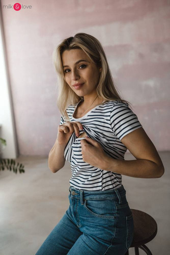 Bluzka do karmienia i ciążowa z krótkim rękawem Milk Shirt Milk&Love w biało-granatowe paski